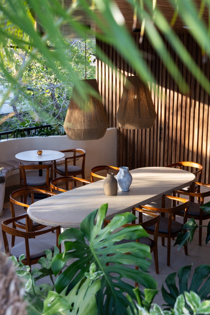 This is an an image of the outdoor patio dining area showing tables and chairs