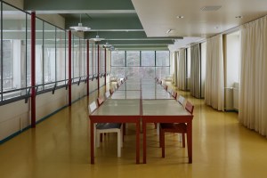 Colorful Paimio Sanatorium room with table
