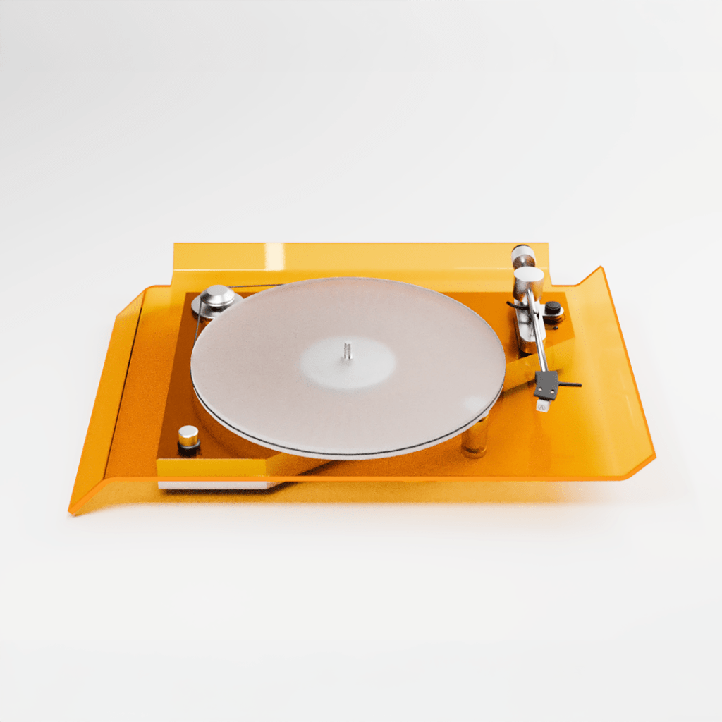The DEKO turntable from The Kickback, shown from the top angle, features an orange plexi base