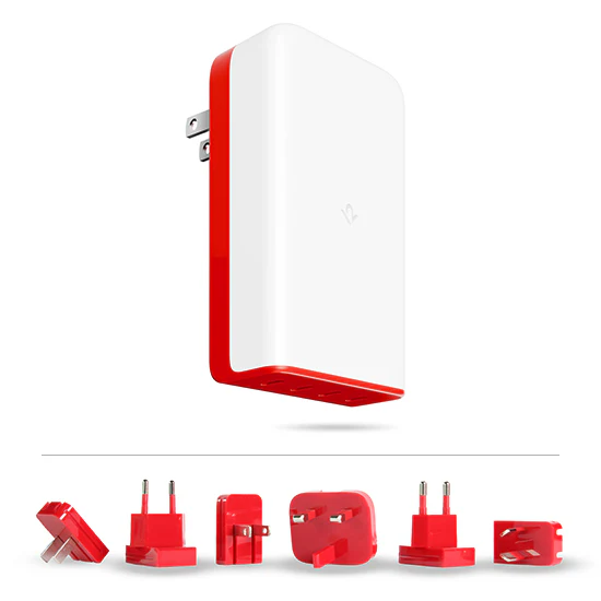 A white and yellow rectangular charger with four USB ports