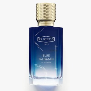 A bottle of Ex Nihilo's Blue Talisman eau de parfum. Blue glass with white lines on it and a gold cap