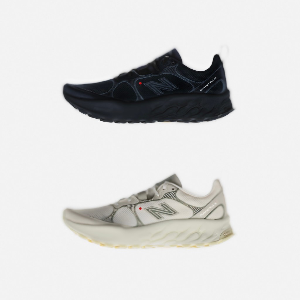 The new District Vision + New Balance Trail Running Shoe in black and in white shown from the side