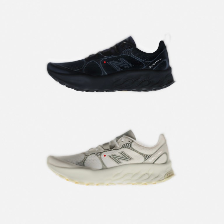 The new District Vision + New Balance Trail Running Shoe in black and in white shown from the side