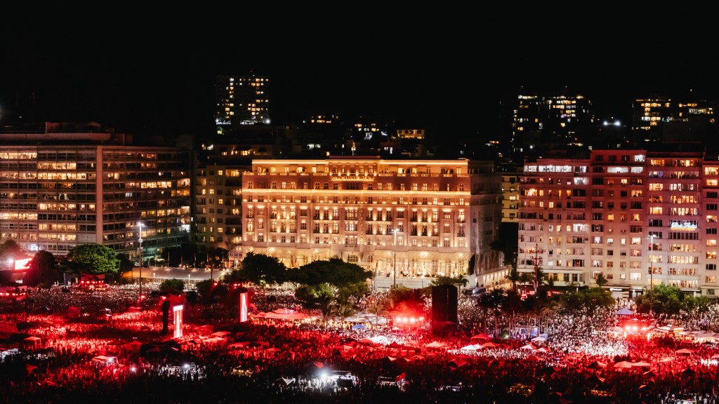 A view of Copacabana beach and the Copacabana Palace during NYE 2024