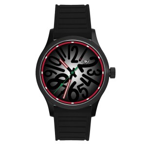 A black watch with a red bezel and large numbers on a grey background, with a black case and band