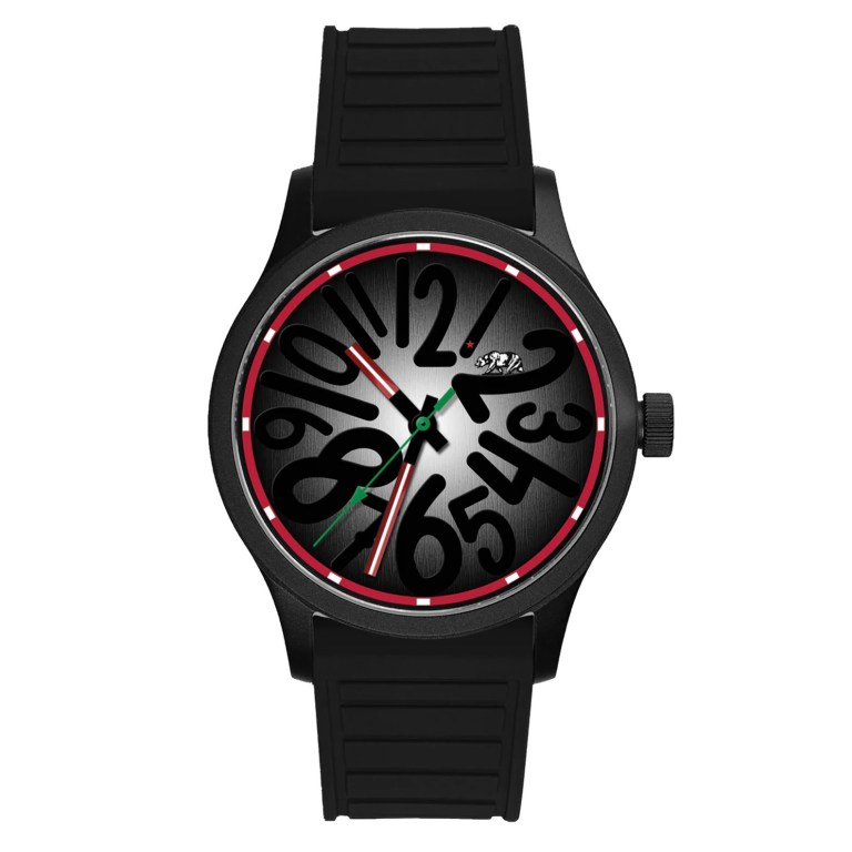 A black watch with a red bezel and large numbers on a grey background, with a black case and band