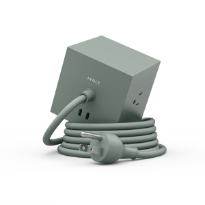 A 76mm square power cube has three electrical outlets and two USB C porte