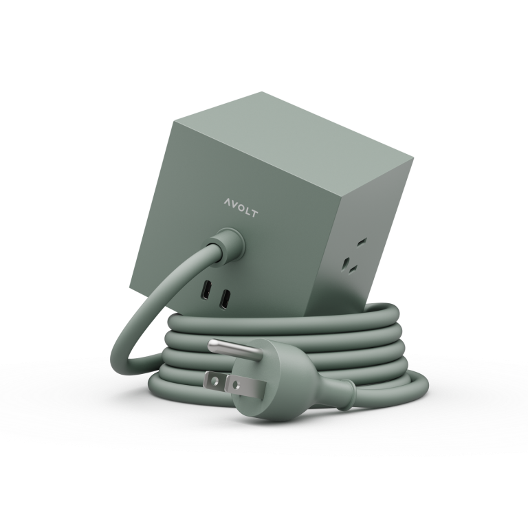 A 76mm square power cube has three electrical outlets and two USB C porte