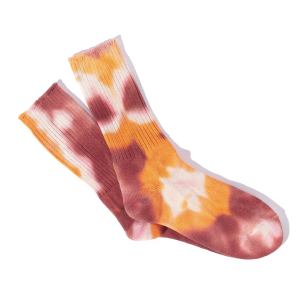 A pair of orange and red tie dyed socks