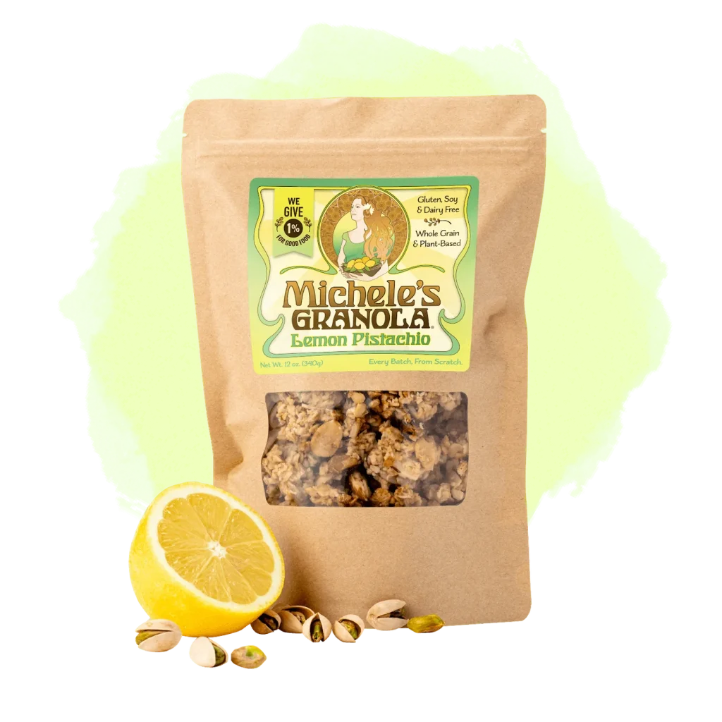 A brown paper bag with a colorful label and a window to see the granola