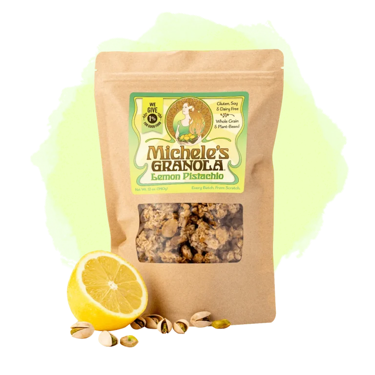 A brown paper bag with a colorful label and a window to see the granola