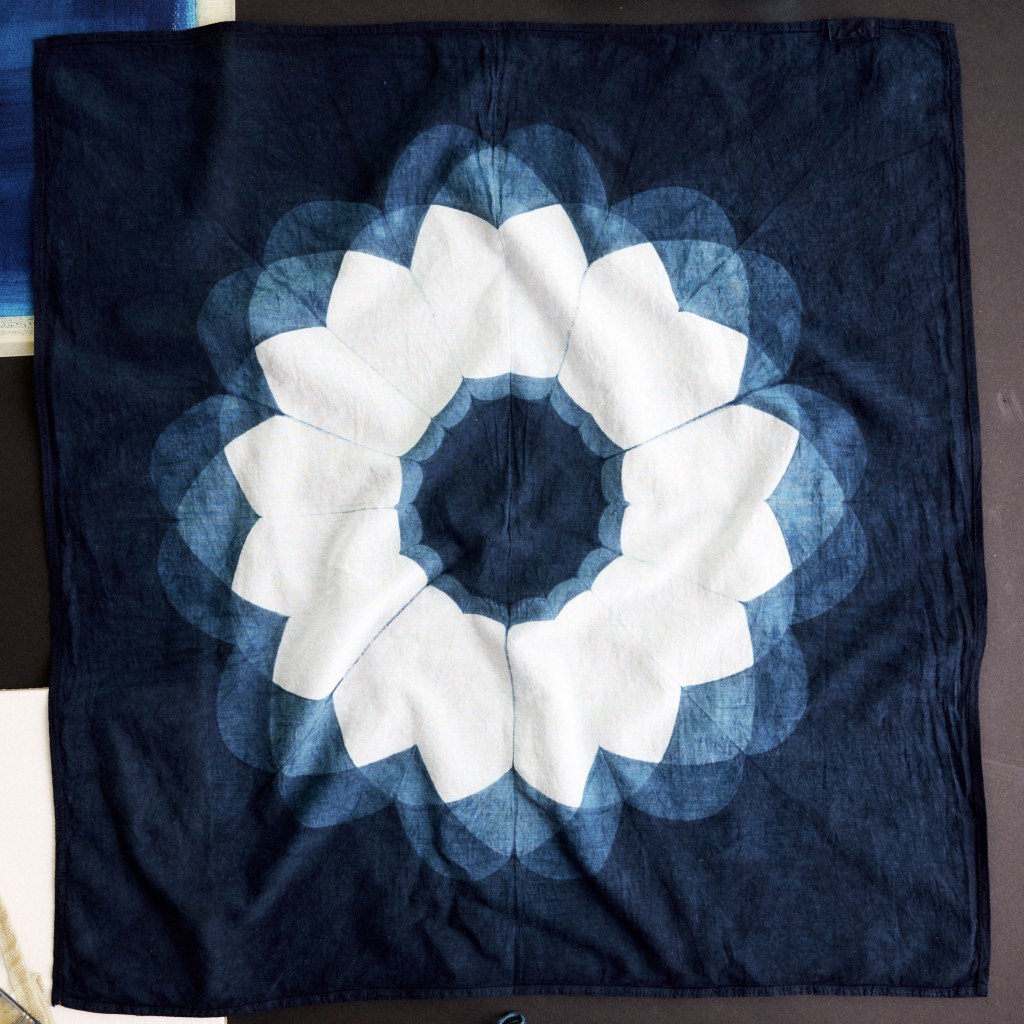 indigo dyed bandana with floral pattern
