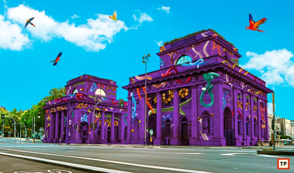 A building in Milan is covered in purple and has vibrant animals on it, designed by Toiletpaper and Prima Assicurazoni for Milan Design Week 2025