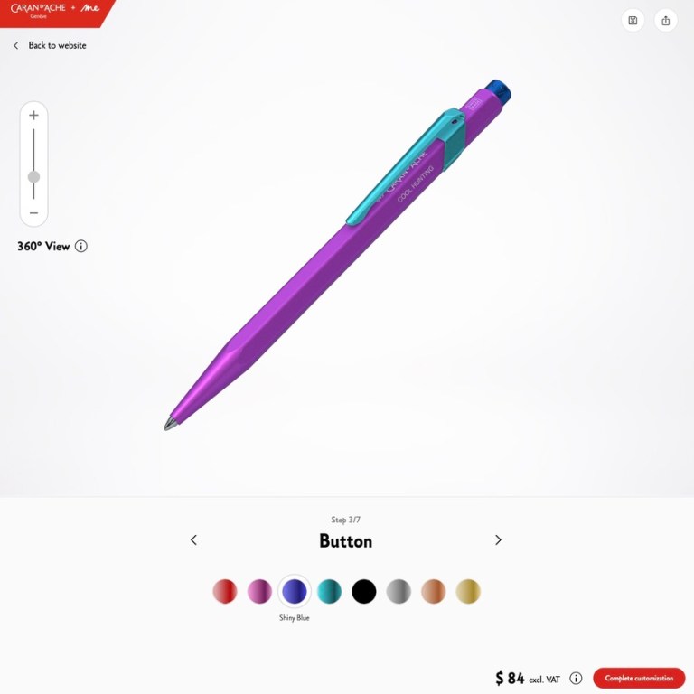 The configurator for Caran d'Ache + Me's customizable pen