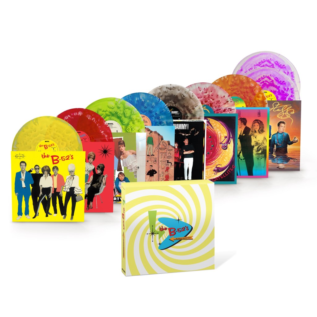 A case of the B-52's albums reissued on vinyl, showing each lp and cover