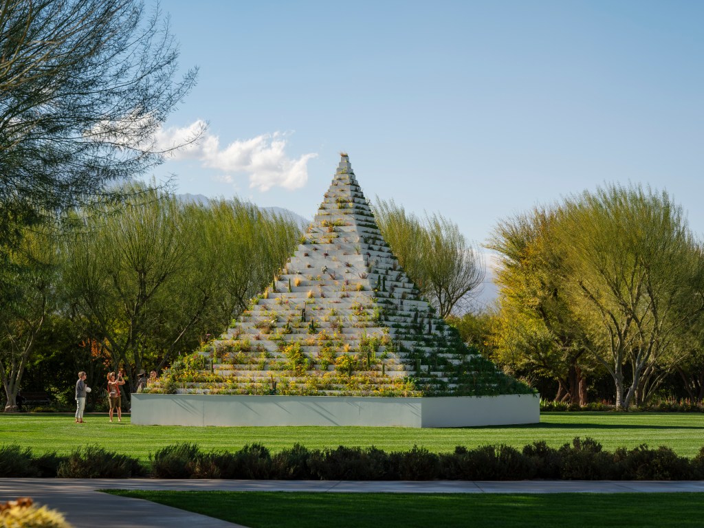 Desert X 2025 installation view of Agnes Denes, The Living Pyramid at Sunnylands Center & Gardens