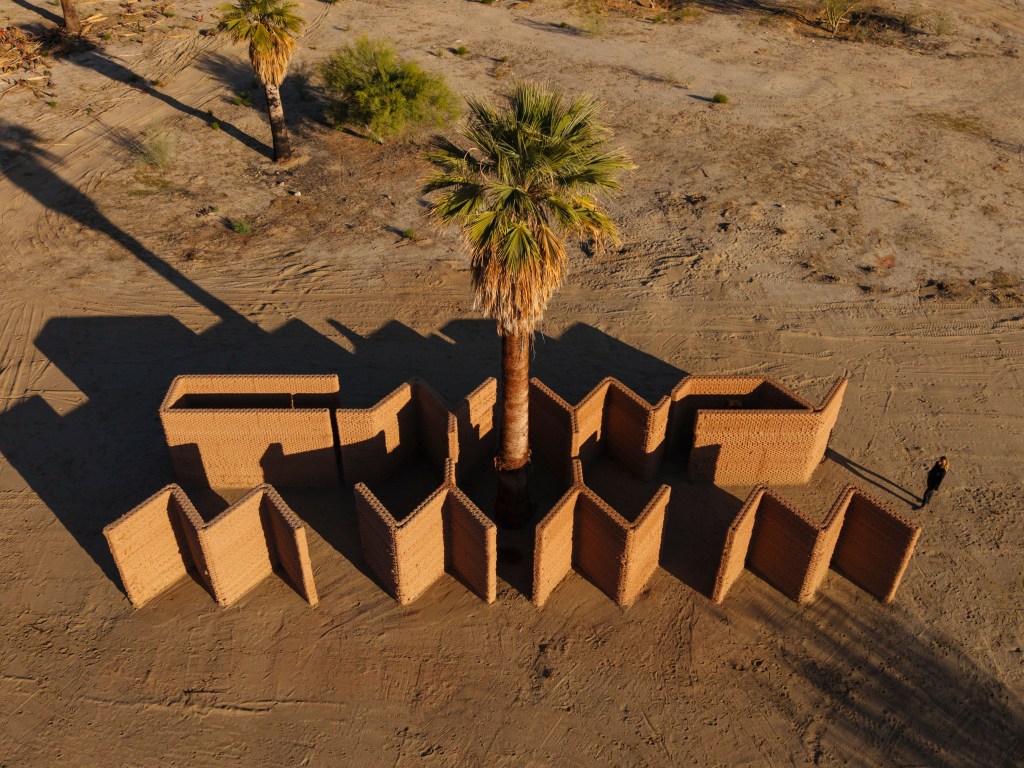 Desert X 2025 installation view of Ronald Rael, Adobe Oasis