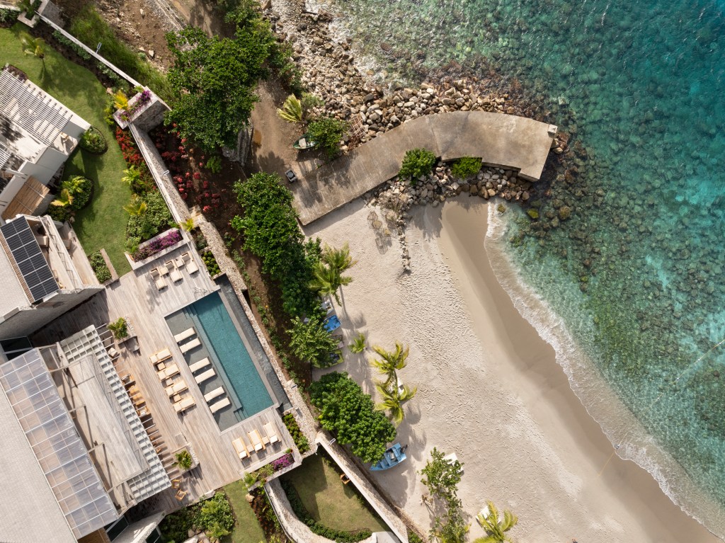 arial view of villa pool and beach