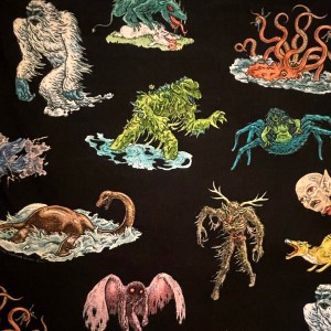 Colorful monsters and creatures on a black background