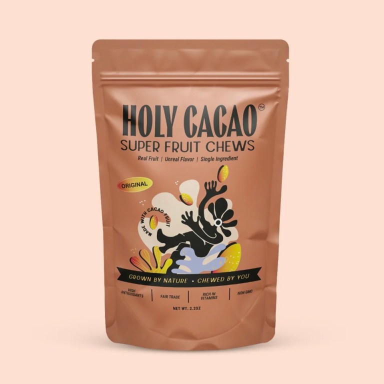 The front packaging of Holy Cacao's Dried Cacao Fruit