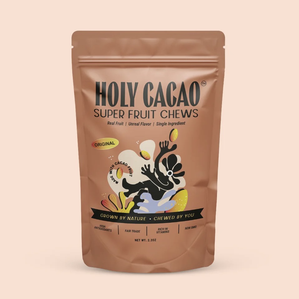 The front packaging of Holy Cacao's Dried Cacao Fruit
