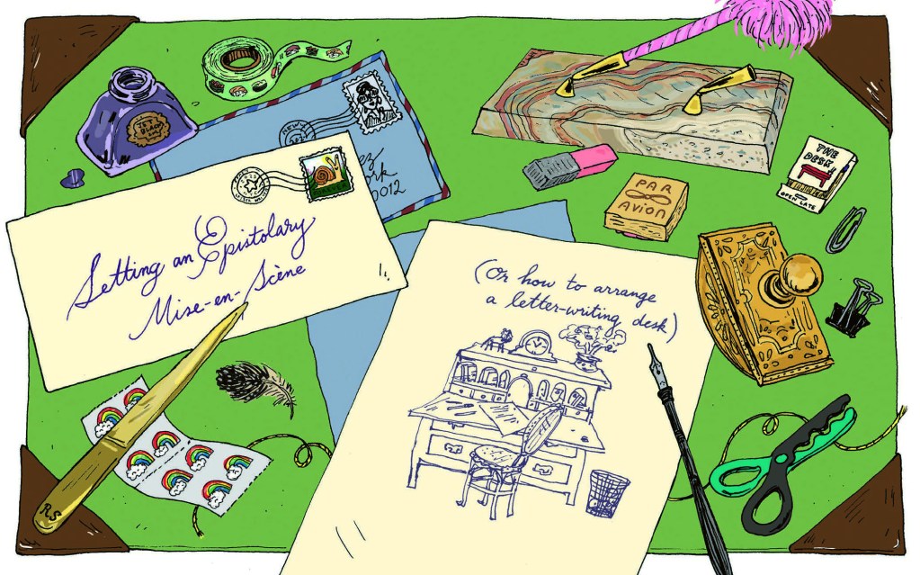 A spread in Rachel Syme's "Letter Writer" featuring illustrations illustrations