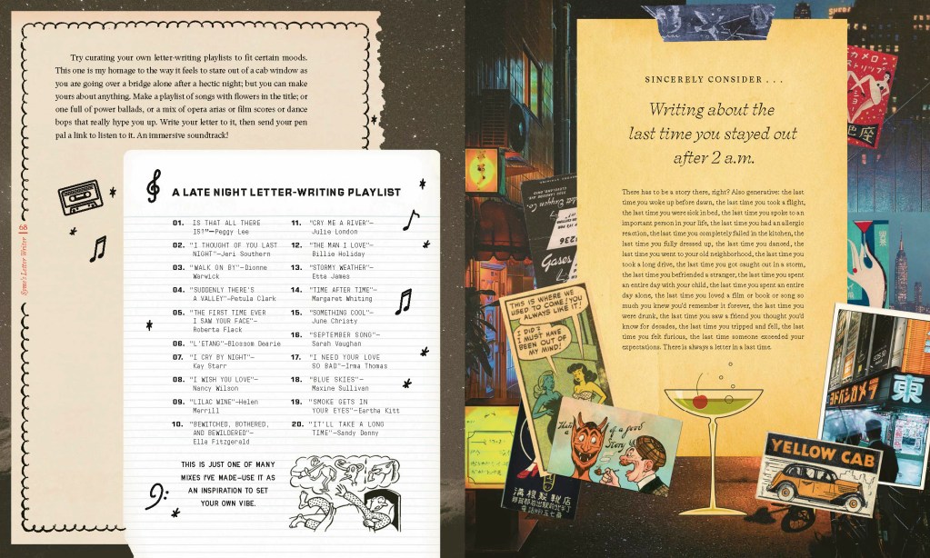 A spread in Rachel Syme's "Letter Writer" featuring lists and illustrations illustrations