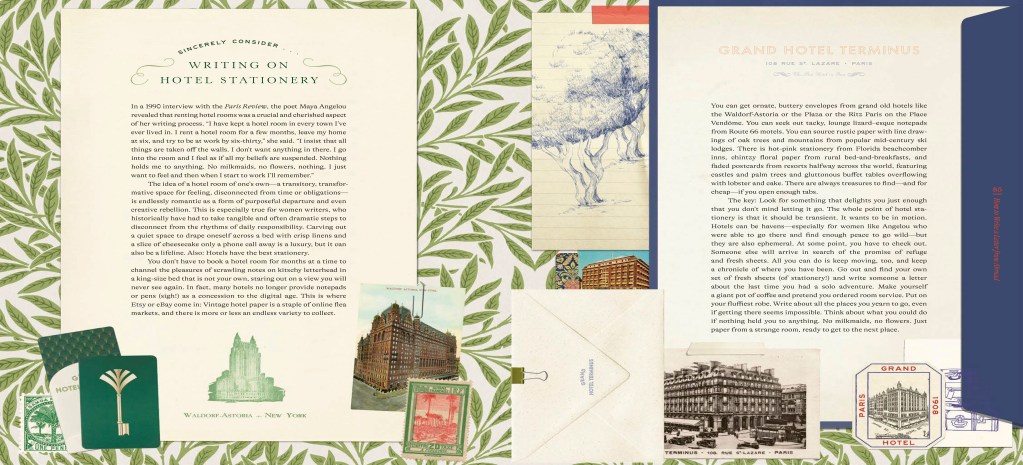 A spread in Rachel Syme's "Letter Writer" featuring lists and illustrations illustrations