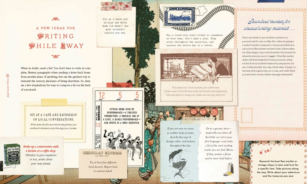 A spread in Rachel Syme's "Letter Writer" featuring lists and illustrations illustrations