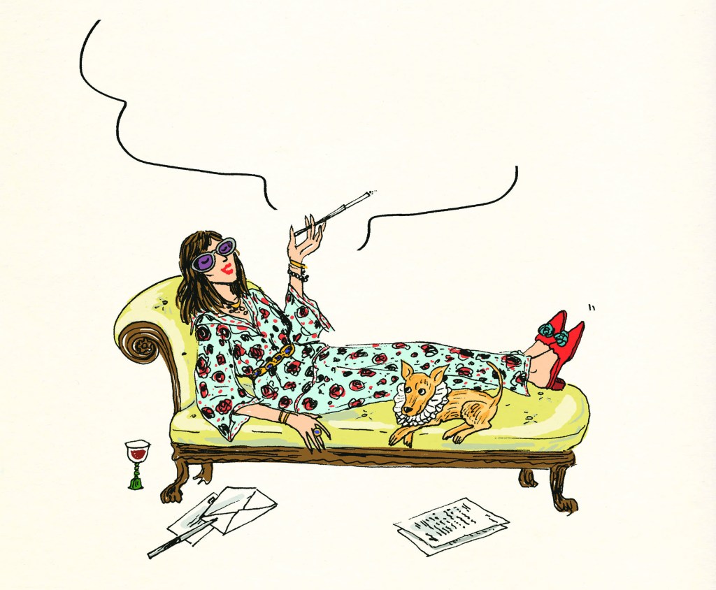 An illustration in Rachel Syme's "Letter Writer" of a woman smoking a cigarette and a dog on a chaise lounge by Joana Avillez