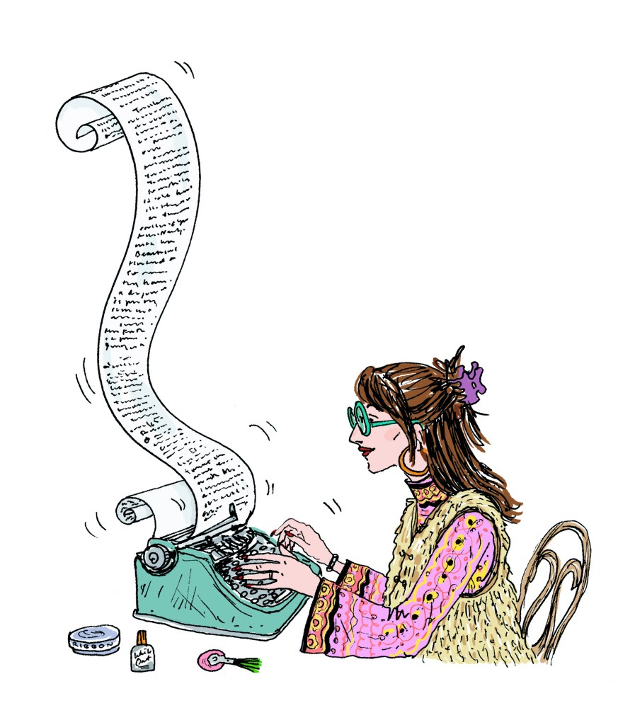 An illustration of a woman typing on a typewriter in Rachel Syme's "Letter Writer" by Joana Avillez