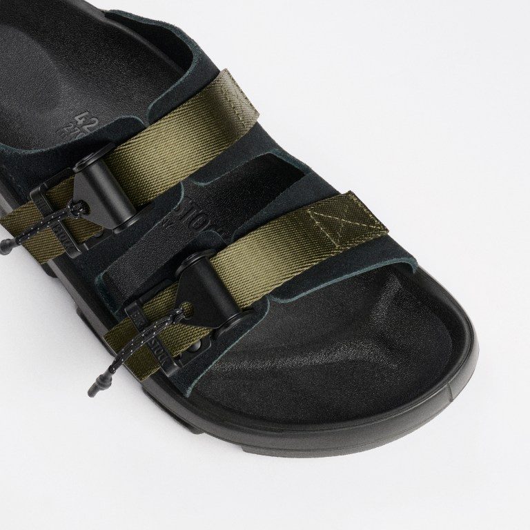 Maharishi and Birkenstock sandals in olive