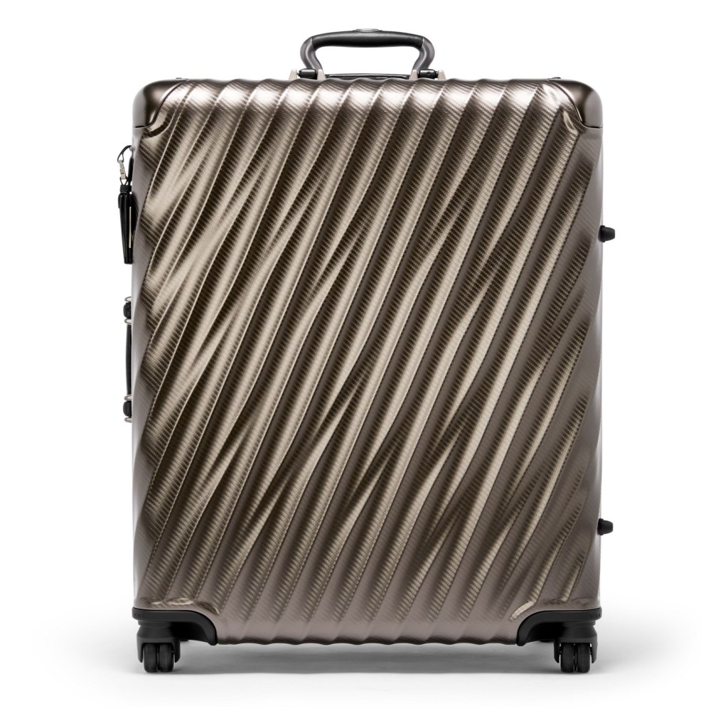 A front view of Tumi's 19 Degree Aluminum 19 Extended Trip Packing Case in Gunmetal