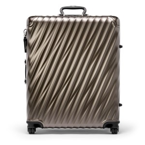 A front view of Tumi's 19 Degree Aluminum 19 Extended Trip Packing Case in Gunmetal