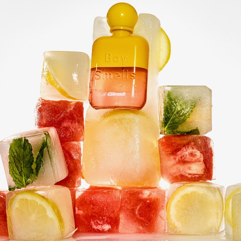 A bottle of Boy Smells Citrush is nested into iced fruit cubes