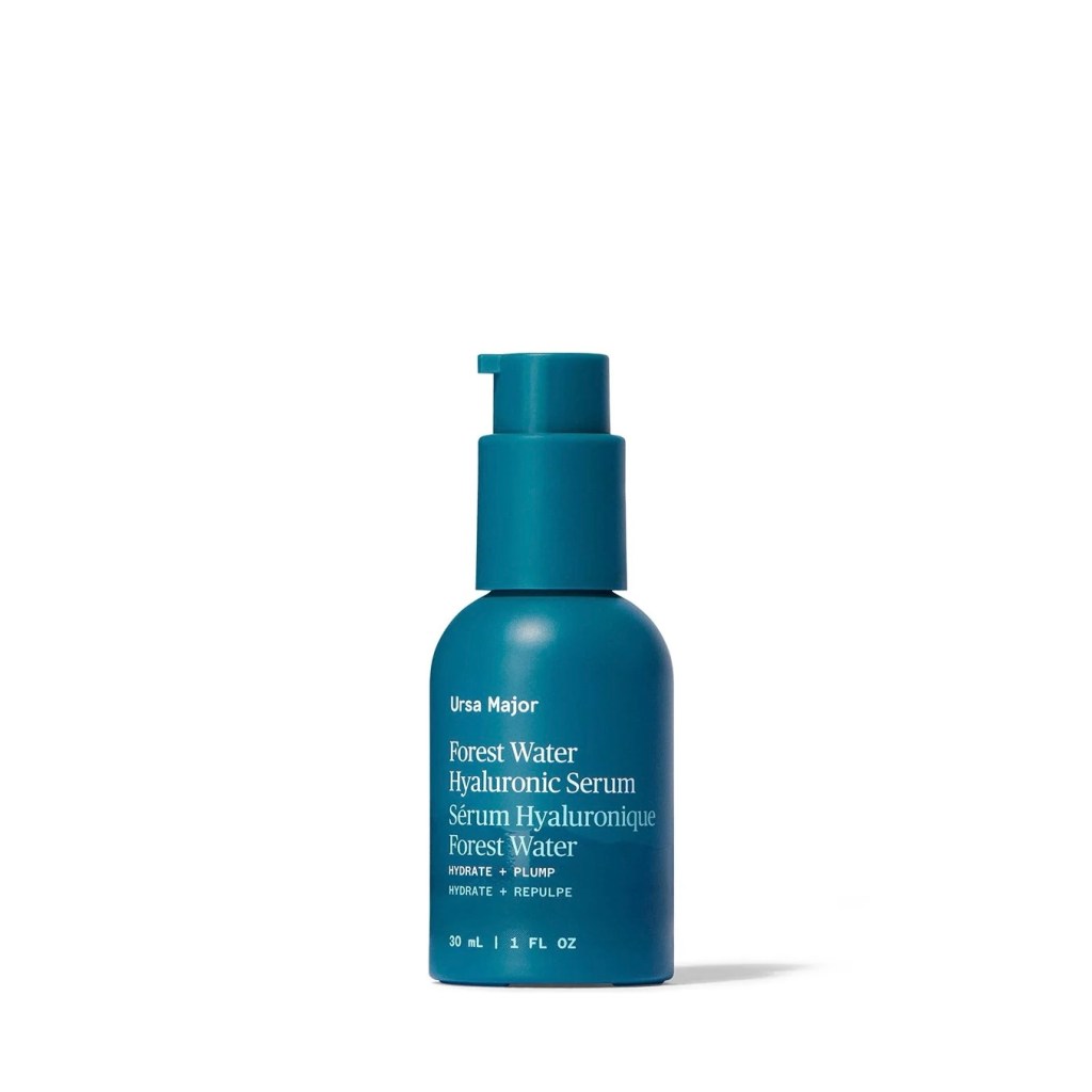An aqua colored bottle of Ura Major's Forest Water Hyaluronic Serum on a white background