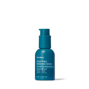 An aqua colored bottle of Ura Major's Forest Water Hyaluronic Serum on a white background