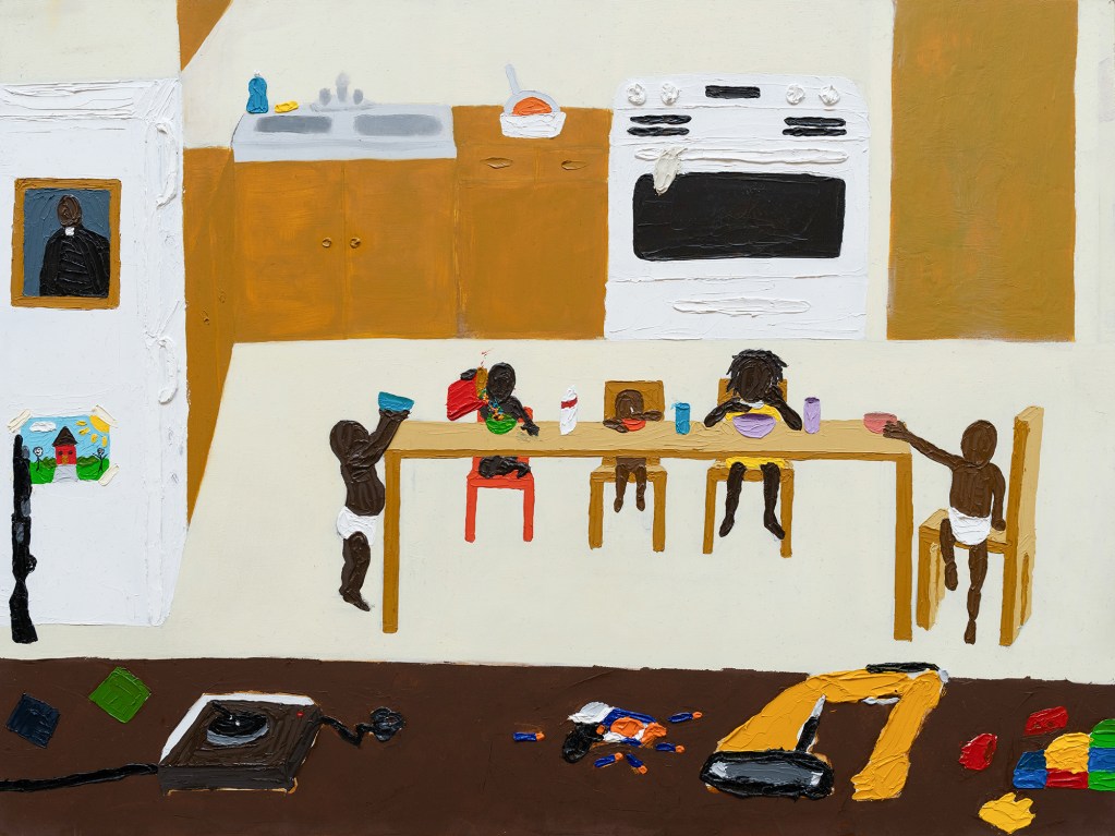 A painting of five small children sitting at a kitchen table eating cereal