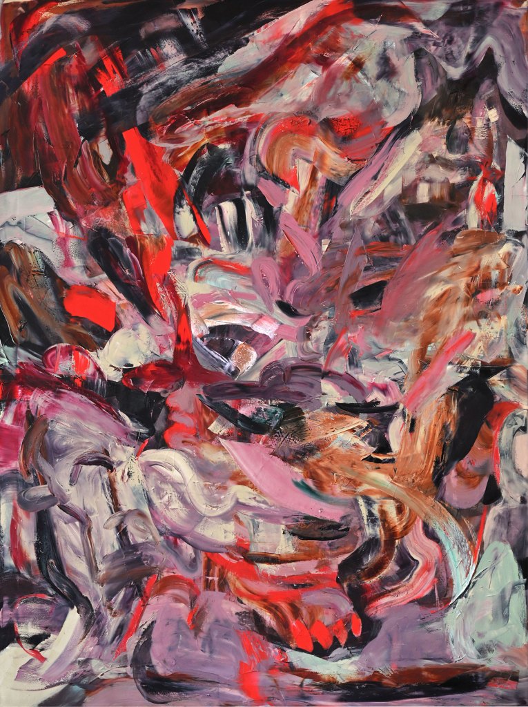 An abstract painting on reds, pinks, blacks, purples and blues