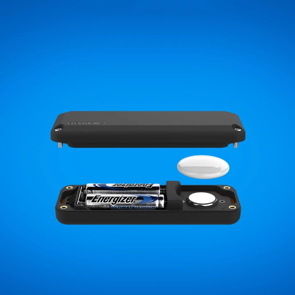 An exploded view of the rectangular Time Capsule AirTag case