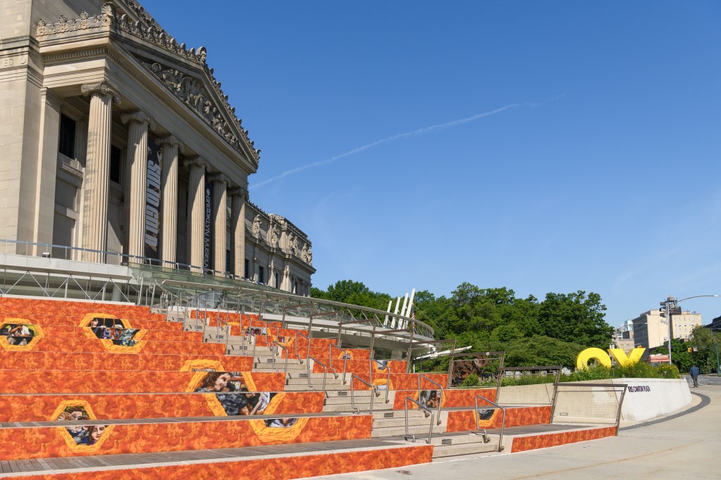 Installation view of Melissa Joseph's work Tender on the Brooklyn Museum steps. 