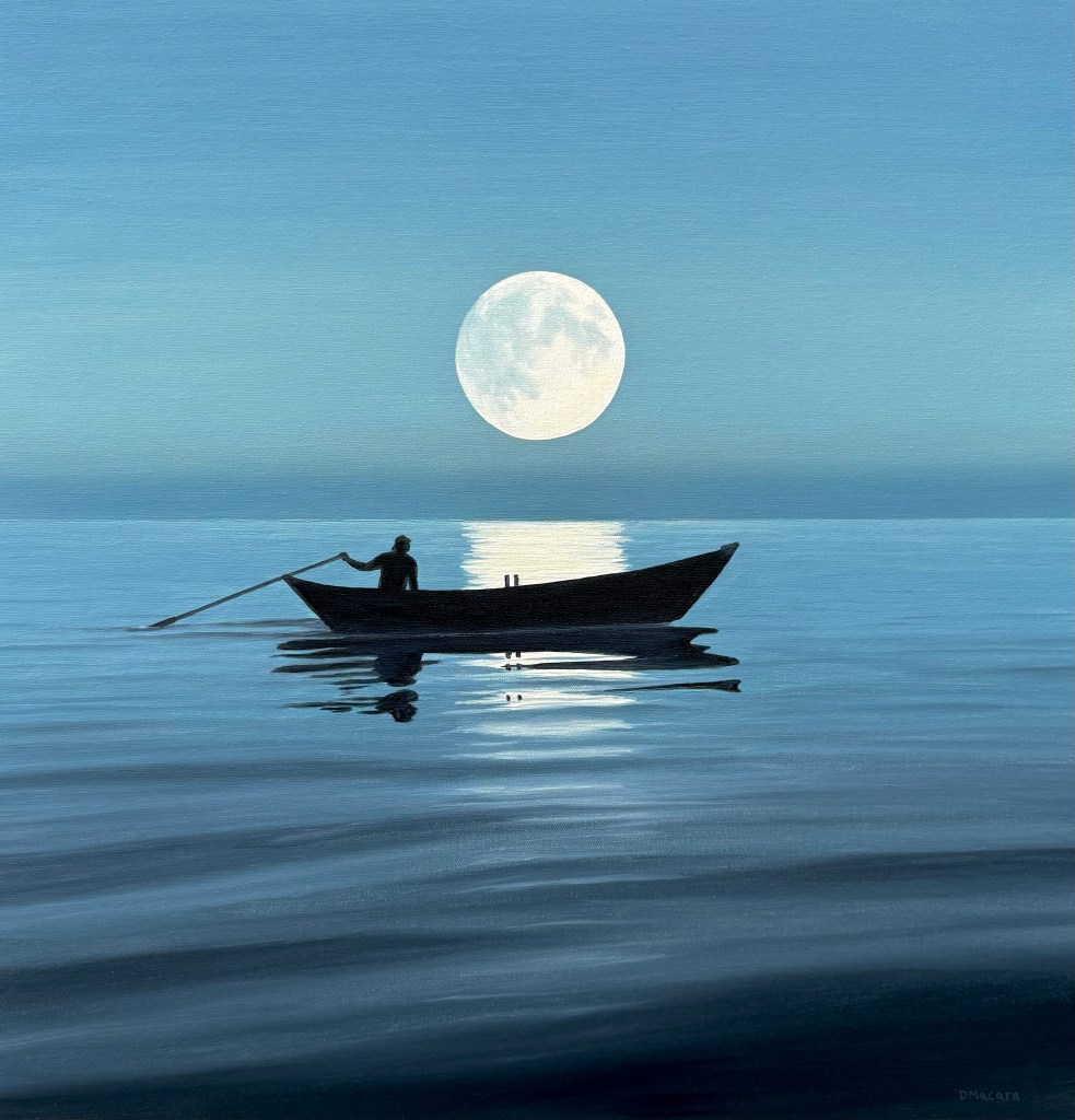 A painting of a person sitting in a row boat at night, with a full moon overhead reflecting onto the sea.
