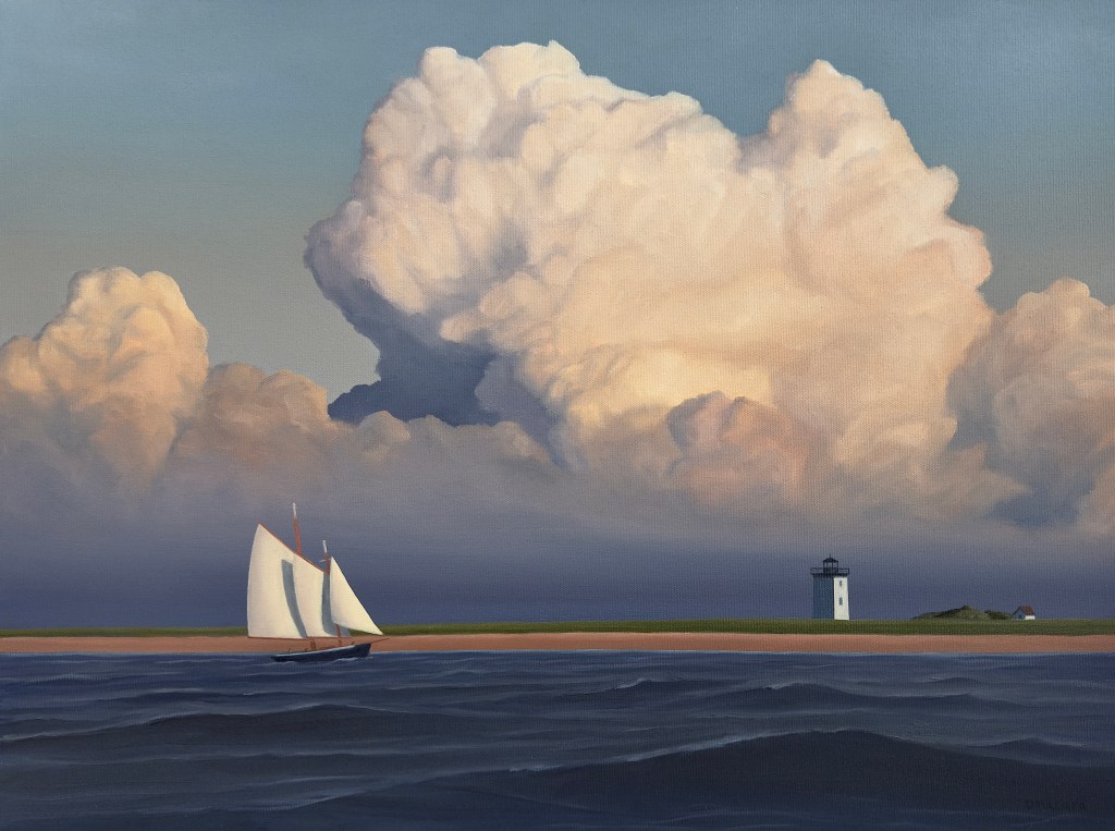 A painting of sailboats and a lighthouse with a large cloud above.