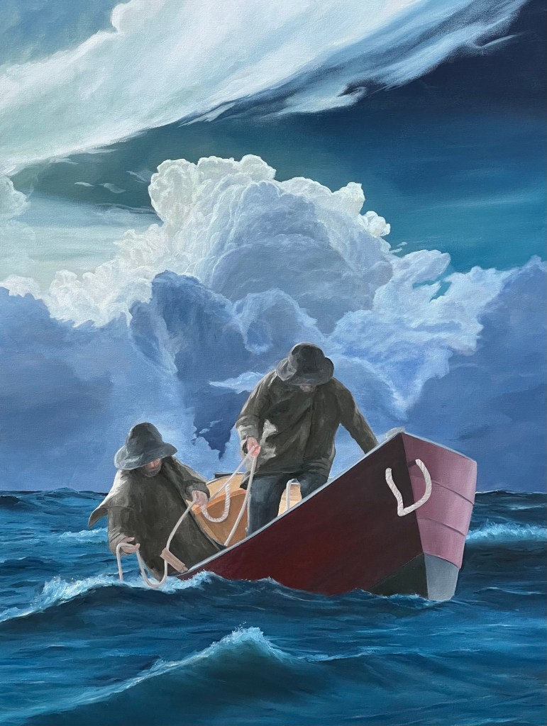 A painting of two fisherman on a rowboat with large clouds in the background.