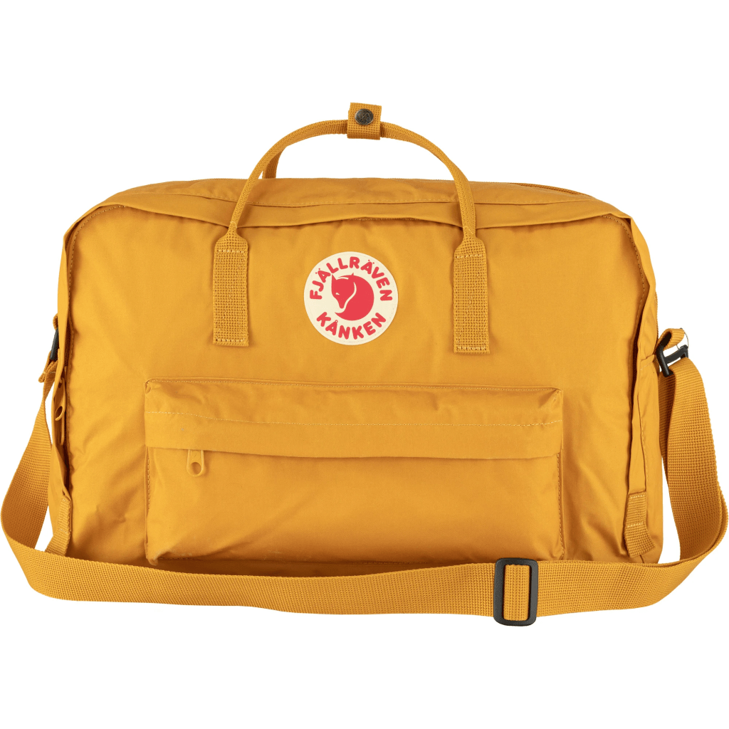 A yellow Fjallraven Kanken weekender bag.