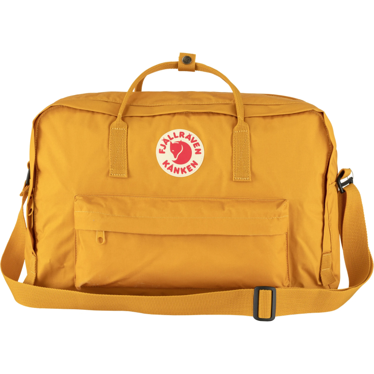 A yellow Fjallraven Kanken weekender bag.