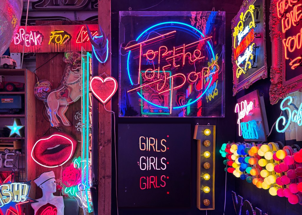 Girls Girls Girls by Katherine McMahon, displayed at God's Own Junkyard in London.