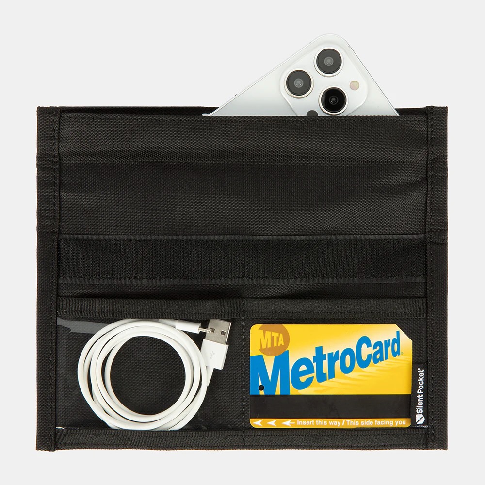 SLNT's Faraday bag for phones is shown open, with its two external pockets and device pocket showing