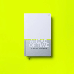 The cover of the Ahead of Time book on a bright yellow background