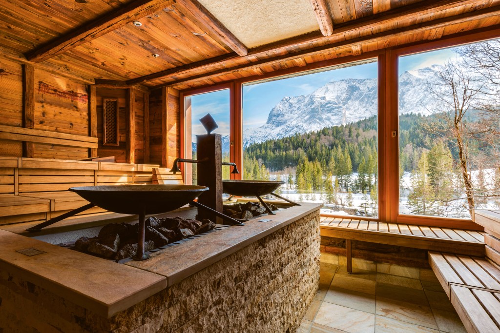 A sauna with mountain views at Schloss Elmau.